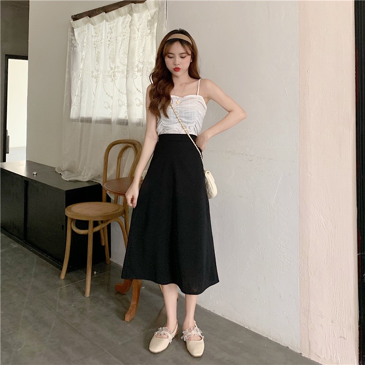 SUXI Chân váy midi chữ A lưng cao phong cách Hàn Quốc cho nữ