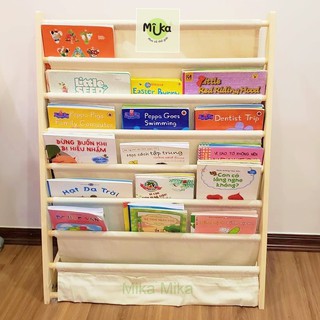 Giá sách gỗ cho bé độ tuổi mẫu giáo nhỏ gọn dễ lấy kệ gỗ thật vải thô bố chắc chắn dễ lắp đặt