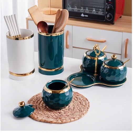 Bộ 3 hũ đựng gia vị bằng sứ cao cấp kèm khay và thìa vàng phong cách Bắc Âu