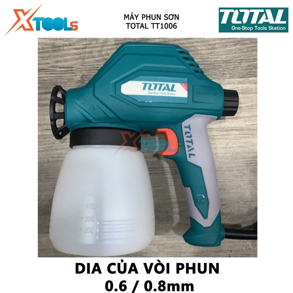 Máy phun sơn TOTAL TT1006 súng phun sơn có điện thế 220-240V~50/60Hz, Nguồn vào: 100W, 280ml / phút, 800ml, 0.6 / 0.8mm