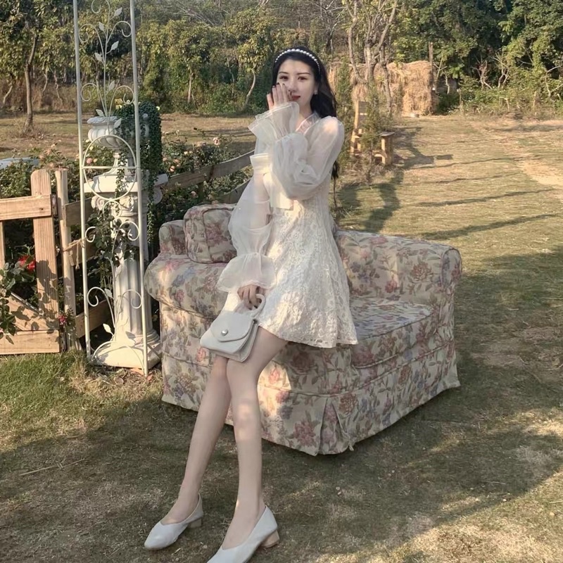 Váy ulzzang ren lưới kiểu tiểu thư tay loe/Đầm xoè công chúa dự tiệc bánh bèo điệu vintage đi tiệc