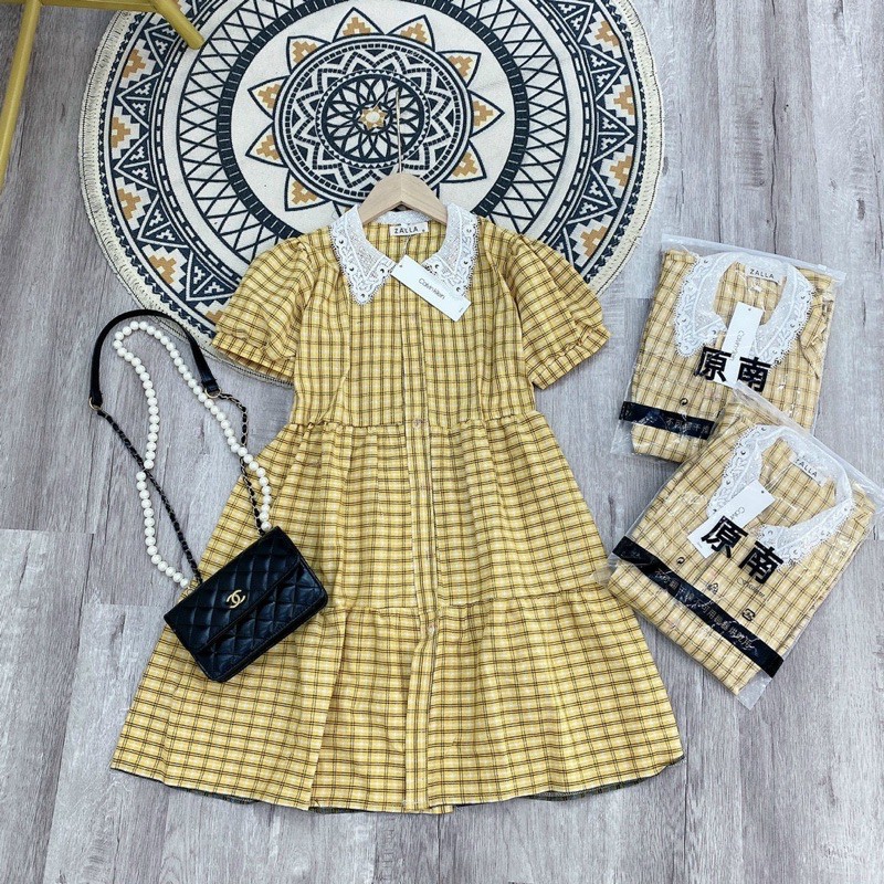 Váy Vintage kẻ vàng cổ phối ren tiểu thư sang chảnh | BigBuy360 - bigbuy360.vn