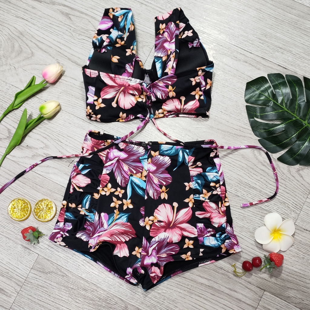 Bikini Nữ 2 Mảnh Quần Đùi Cạp Cao Aó Bra Hoa Lá Đẹp Bin Sports BHV135