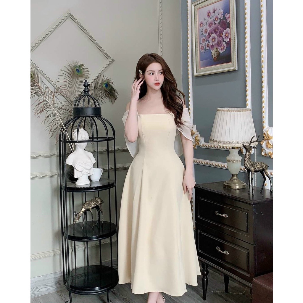 Đầm váy nữ trễ vai phối voan sang chảnh với 3 màu cực kì đẹp, dễ phối phụ kiện và tôn da cho các nàng thơ đi dự tiệc