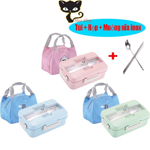 MeoShop Hộp đựng cơm văn phòng, Hộp cơm trưa đựng thức ăn, thực phẩm, Bao gồm cả túi và muỗng nĩa inox