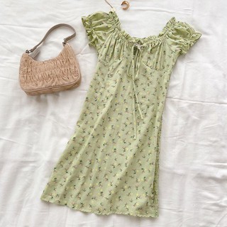 Váy hoa nhí cúp ngực xanh chun lưng💖 Đầm hoa nhí vintage trễ vai V949