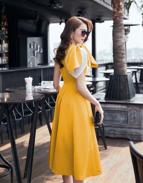 ( ẢNH VÀ VIDEO THẬT1000%) Đầm kết lá phối màu kèm nơ cài đá