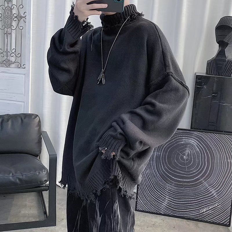 Áo sweater dệt kim cổ tròn phối rách dáng rộng thời trang thu đông dành cho nam