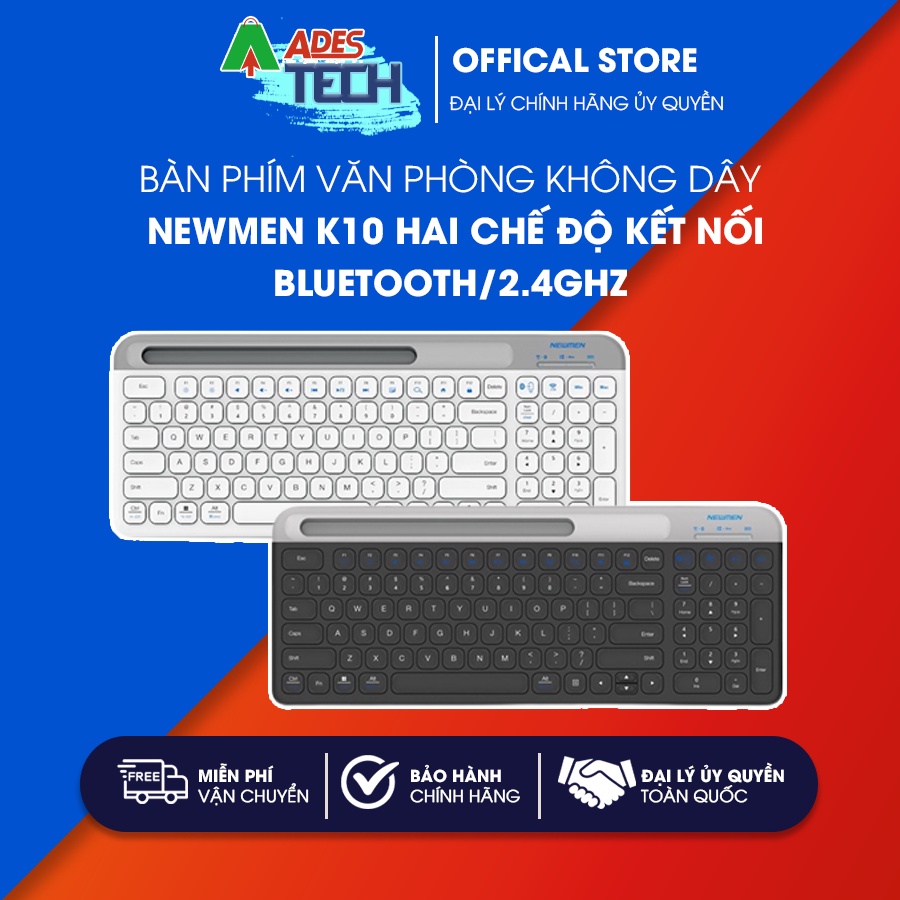 Bàn phím văn phòng không dây Newmen K10 hai chế độ kết nối Bluetooth/2.4Ghz dùng cho Ipad/Macbook/PC - Hàng Chính Hãng