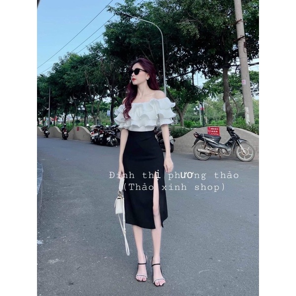Sét váy thời trang nữ mặc đi chơi chất voan dập ly trễ vai trắng mix chân váy umi xẻ tà đen có mút ngực xinh