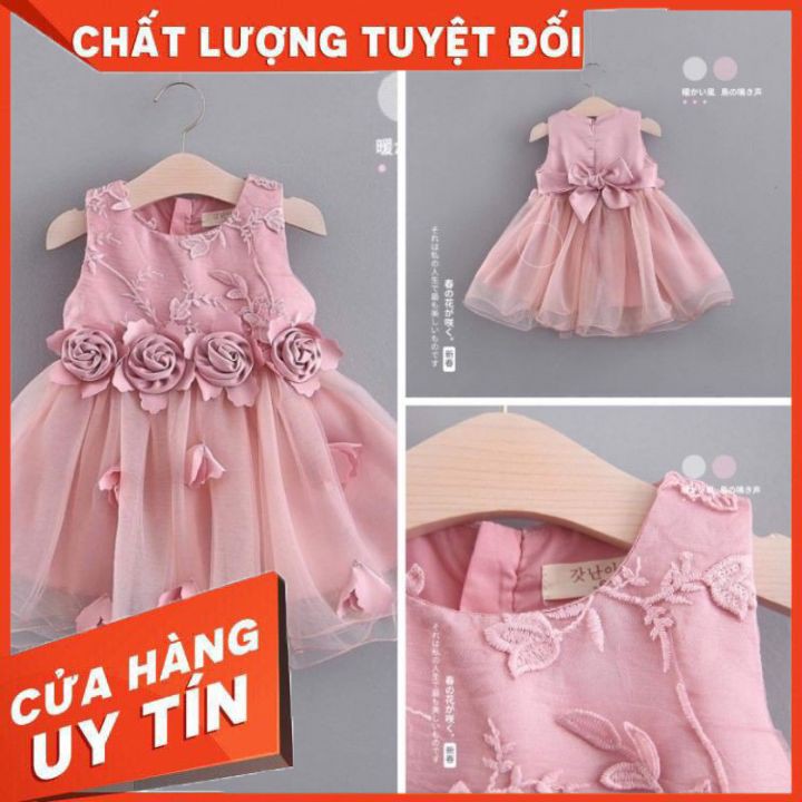 Đầm Xoè Công Chúa Không Tay phối ren nhiều tầng Gắn hoa xinh xắn cho bé. Đầm Quảng Châu Cao Cấp bé gái