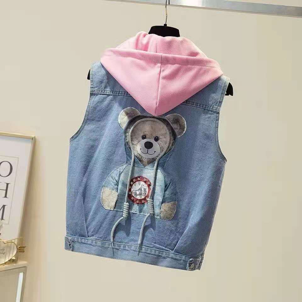 Áo Khoác Denim Không Tay Dáng Rộng In Hoạt Hình Gấu Kiểu Hàn Quốc Xinh Xắn Cho Bé Gái