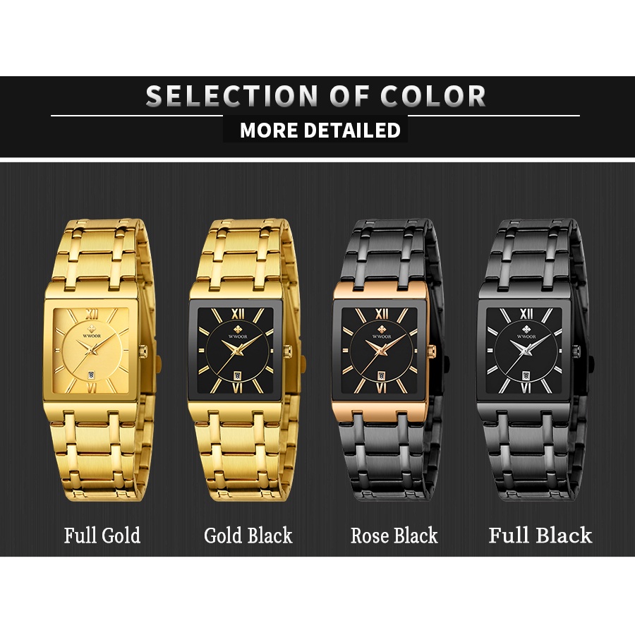 Wwoor Relogio Masculino Đồng Hồ Quartz Mặt Vuông Bằng Thép Không Gỉ Mạ Vàng Sang Trọng Kèm Hộp-8858
