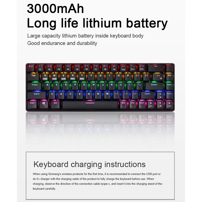 Bàn phím cơ không dây RF68 Led đơn và Rainbows - Bluetooth 5.0 | Wireless 2.4G | Dây type C
