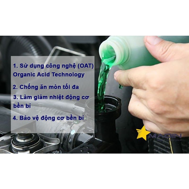 Nước làm mát động cơ Madin Coolant Base màu xanh Chai 1 lít