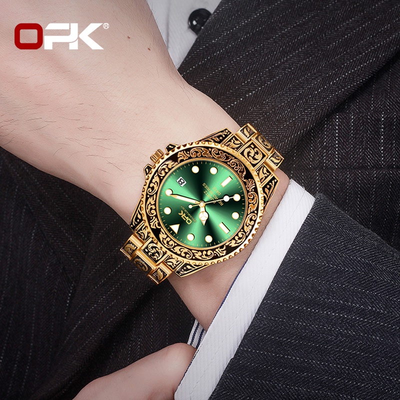 OPK 8130 Watch Men Genuine Waterproof Embossed Steel Band Dial Luminous Calendar Retro Style