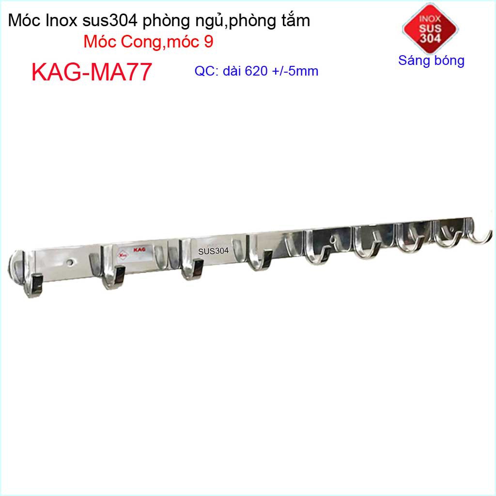 Móc cong treo quần áo inox 304 cao cấp dày, móc Kace 9 móc treo đồ nhà tắm KAG-MA77