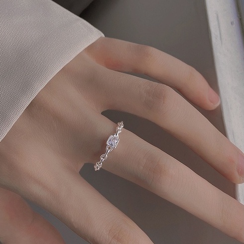 Nhẫn nữ nhẫn bạc s925 chuỗi xích cứng hình học đính đá mặt pha lê vuông Cá jewelry NB123