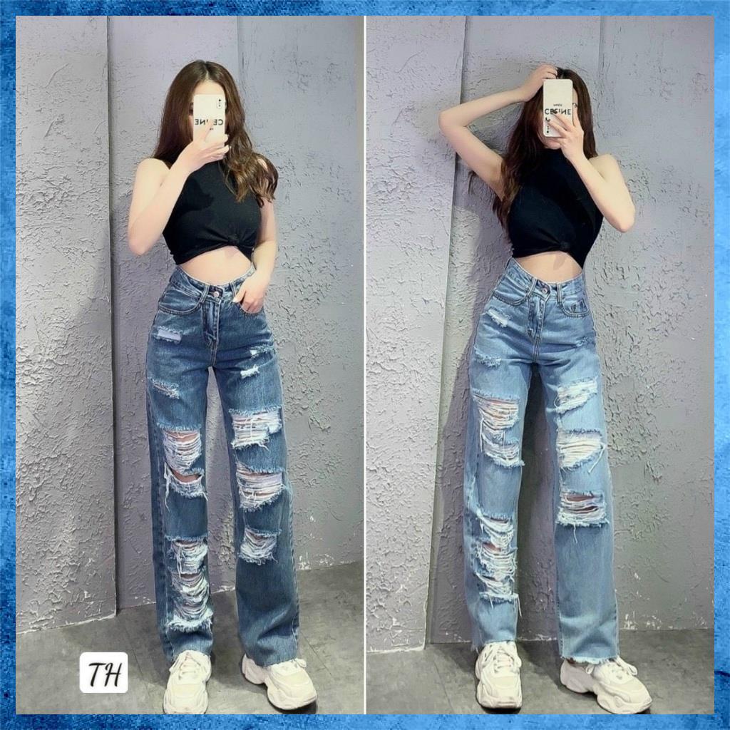 Quần jeans nữ, Quần bò dài rách dáng suông lưng cao túi chéo hot hit D3160