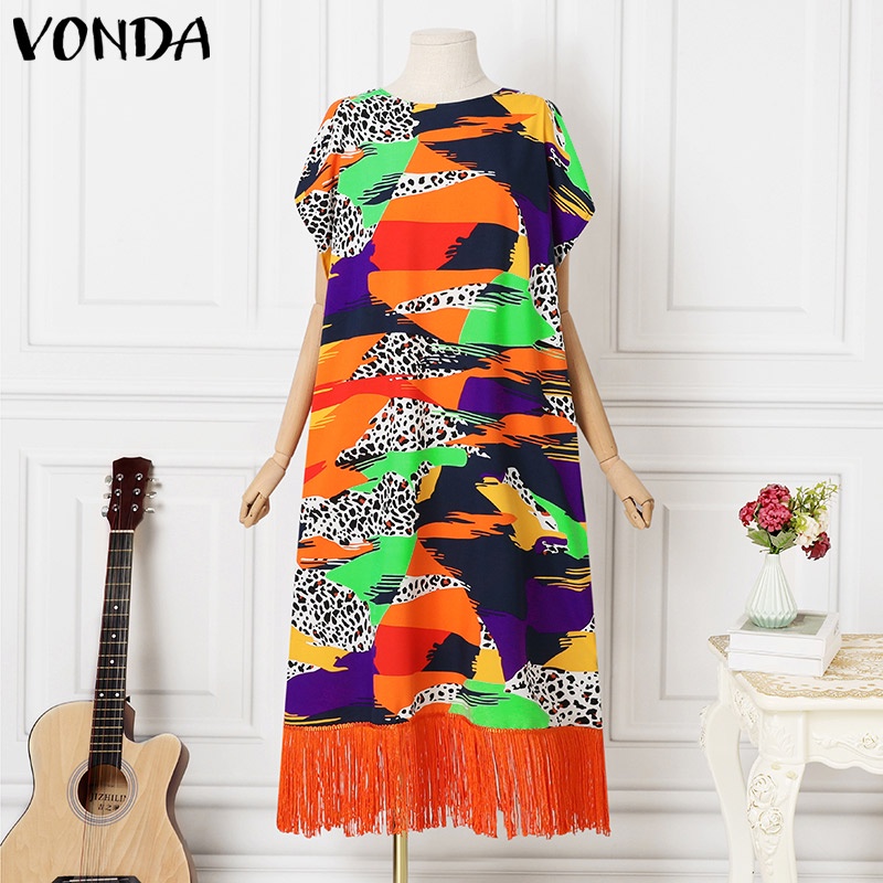 Đầm dài VONDA dáng rộng cổ tròn tay ngắn phối tua rua phong cách vintage dành cho nữ
