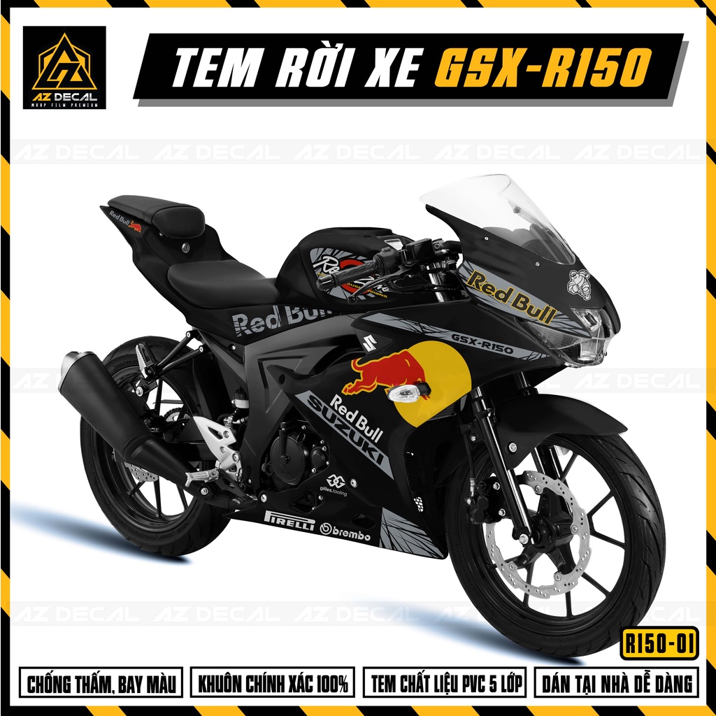 Tem Xe GSX R150 Mẫu Red Bull | GSX R150-01 | Decal Rời Cao Cấp Cắt Sẵn Dễ Dán Cho Xe Màu Đen, Trắng, Đỏ, Xanh