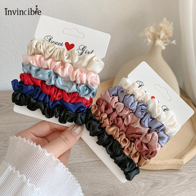 Set 3/5/6 Dây Buộc Tóc Vải Satin Co Giãn Nhiều Màu Thời Trang Hàn Quốc