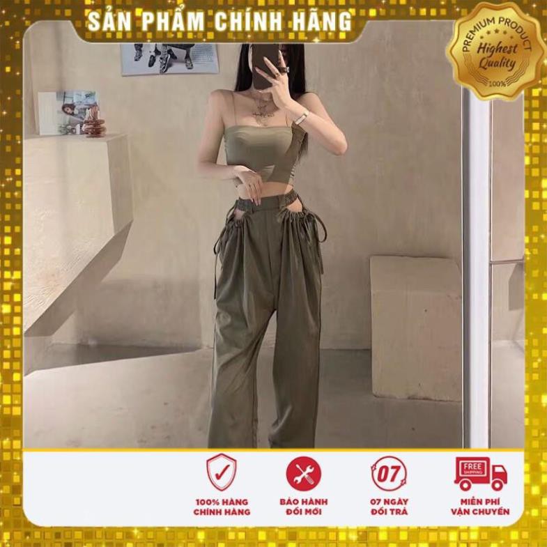 GIÁ GỐC set áo thun 2 hai dây quần nhún khoét eo hong rút dây nơ quảng châu