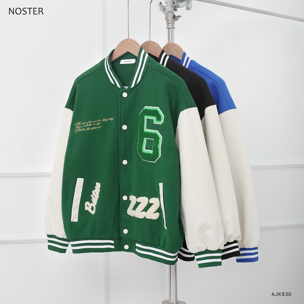 Áo khoác Bomber Varsity, chất dạ phối tay da, họa tiết thêu 6 - Thương hiệu NOSTER mã AJK830