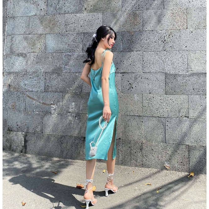 Đầm Lụa Mát Mịn 2 dây cột Xoắn nơ ngực màu Xanh Ngọc S M L XL