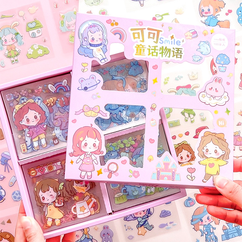 Bộ 100 Miếng Dán Trang Trí Bằng PVC Chống Thấm Nước Họa Tiết Hoạt Hình