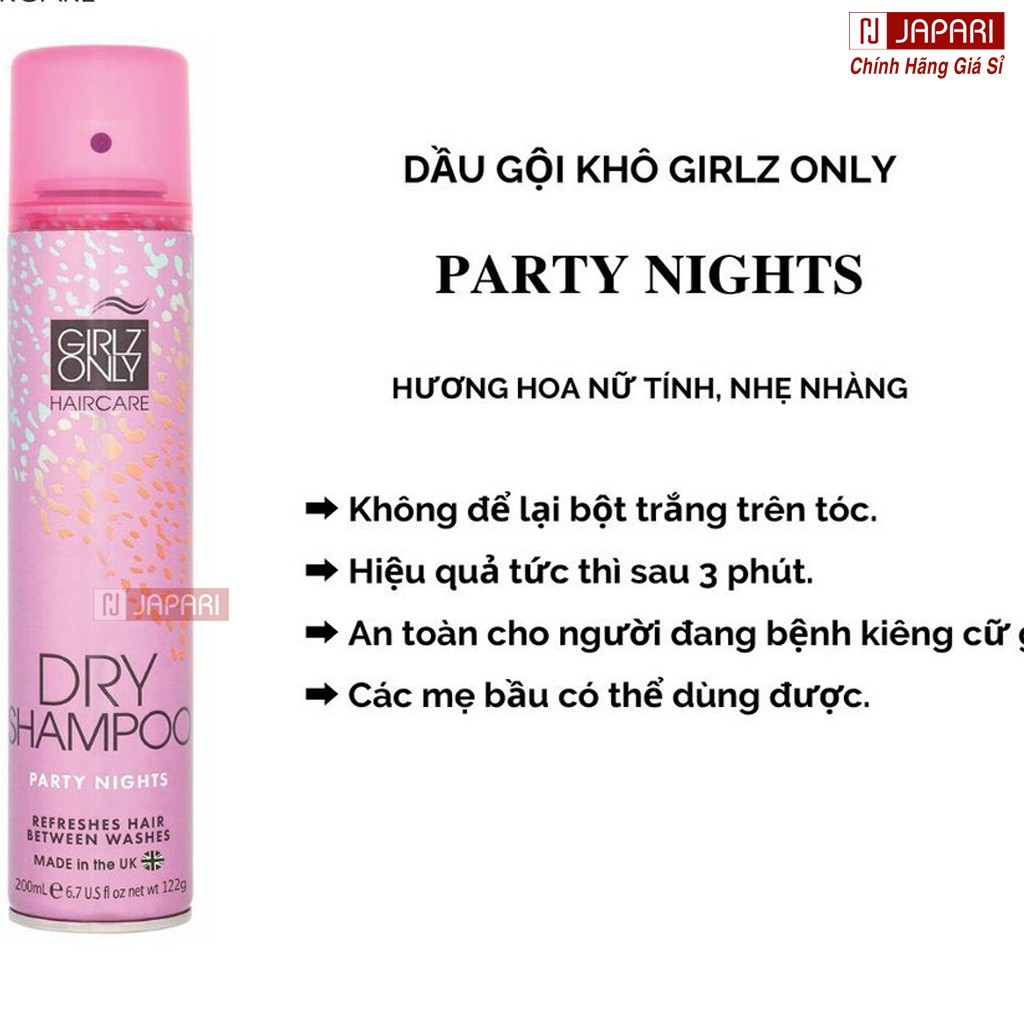 Dầu Gội Khô Girlz Only HỒNG Thơm Dạng Xịt Party Night CHÍNH HÃNG Hương Trái Cây Dưỡng Ẩm Tóc Chăm Sóc Tóc Nam Nữ JAPARI