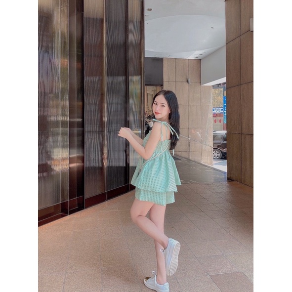 Set áo dây + short ô vuông 2 màu