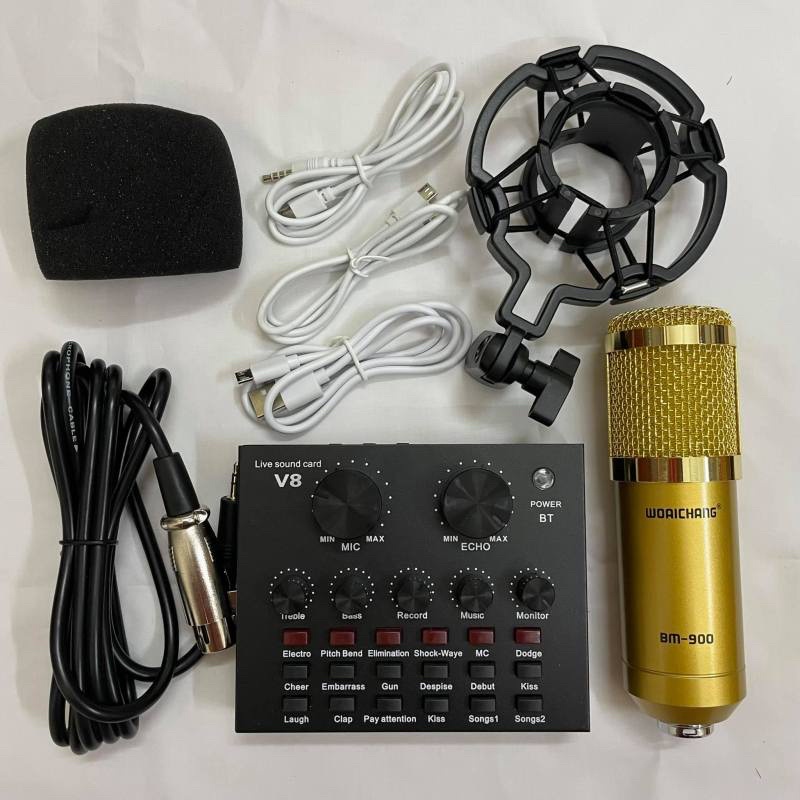 Combo thu âm livestream 2 món mic bm900-sound card v8 kèm dây live lấy nhac bh 6 tháng