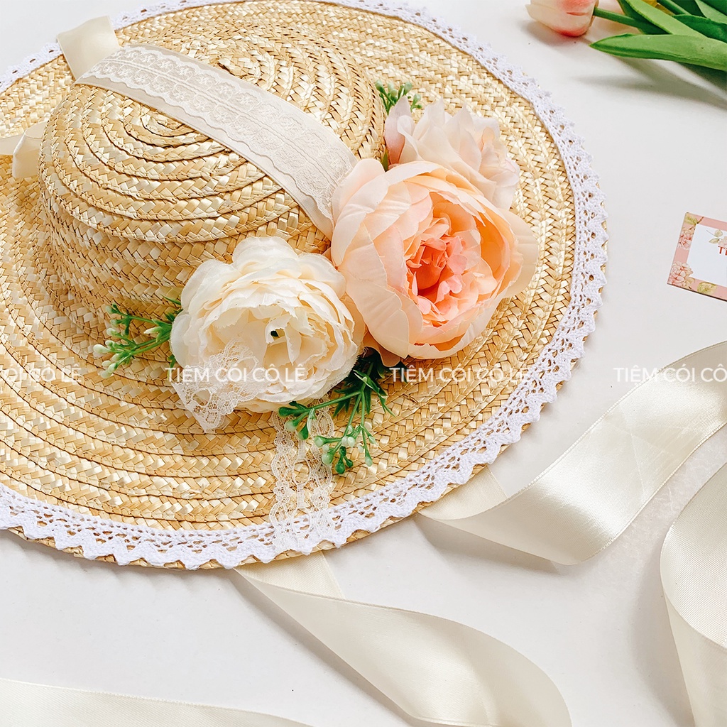 Nón cói hoa phong cách lolita, mũ cói viền ren xinh xắn dùng đi biển, chụp ảnh lookbook - Tiệm Cói Cô Lê