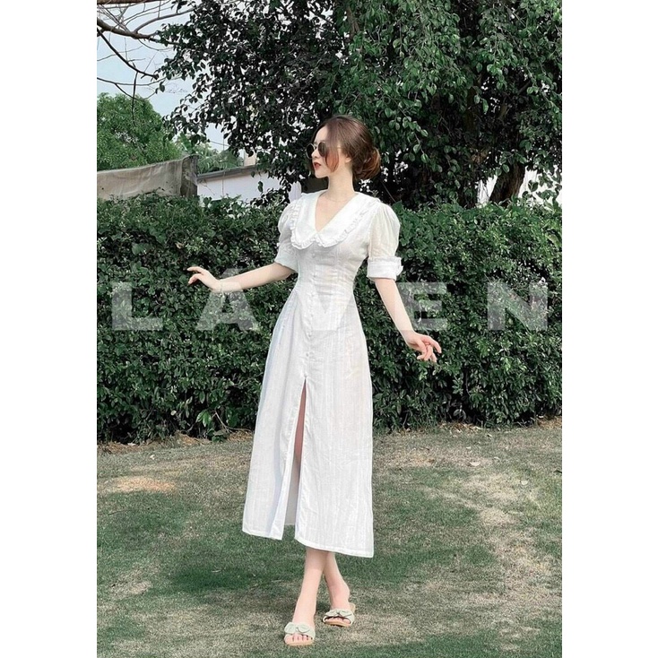 Đầm Nữ Bèo Cổ Xé Tà Nút Bọc Chất Đũi Nhăn 3 Màu Y Hình Qúy Cô Thoải Mải Chọn Lựa QCS