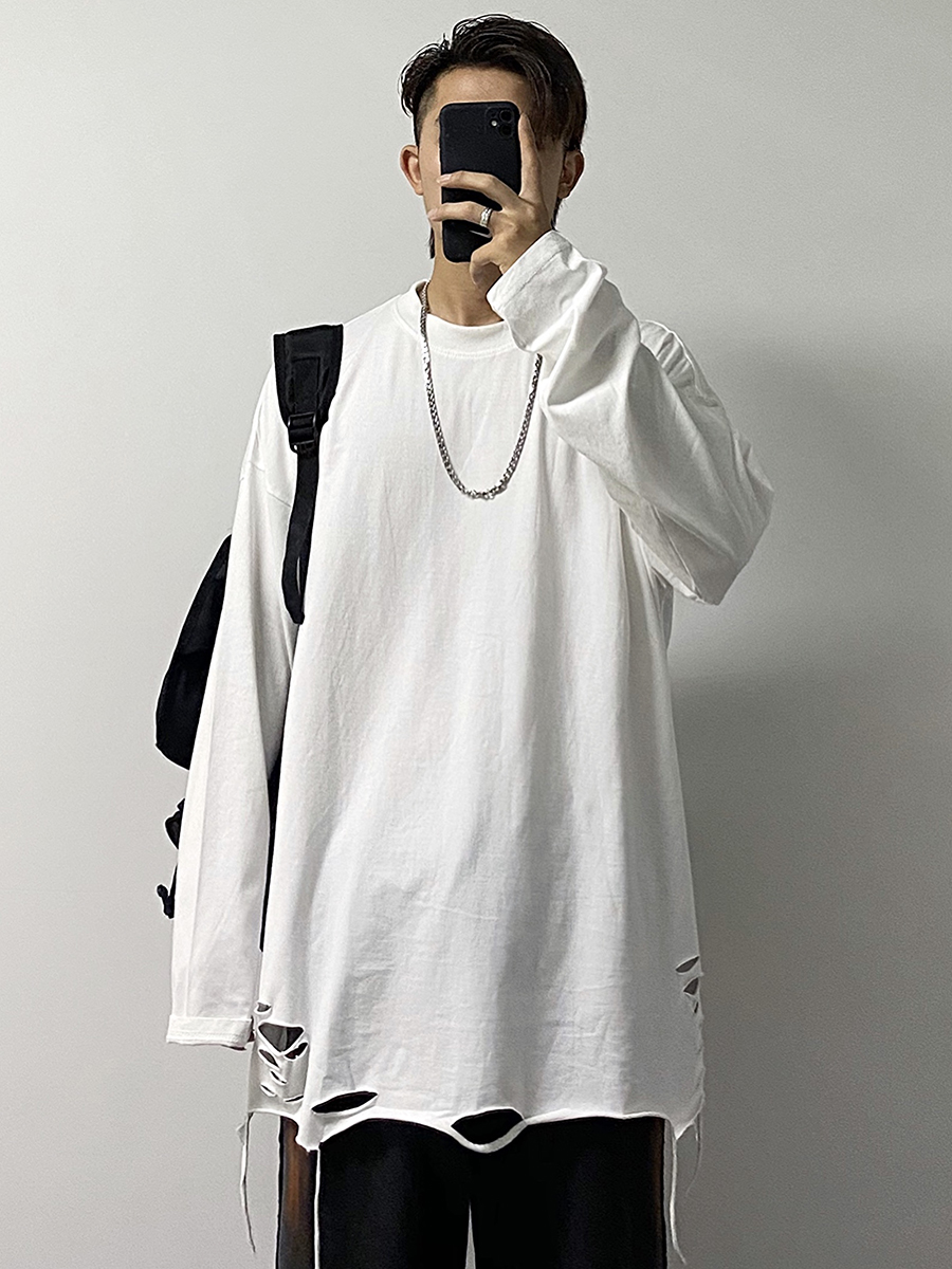 aa彩条纹Áo phông dài tay áo mặc trong có xẻ tà màu trắng áo hoodie đường phố sành điệu instagram cho nam mặc trong trang ph