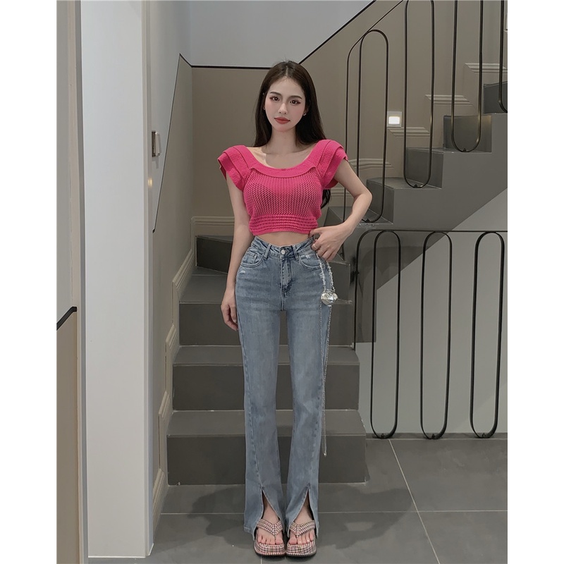 Cocory vn Áo Croptop Dệt Kim Sát Nách Cổ Tròn Thời Trang Mùa Hè Cho Nữ