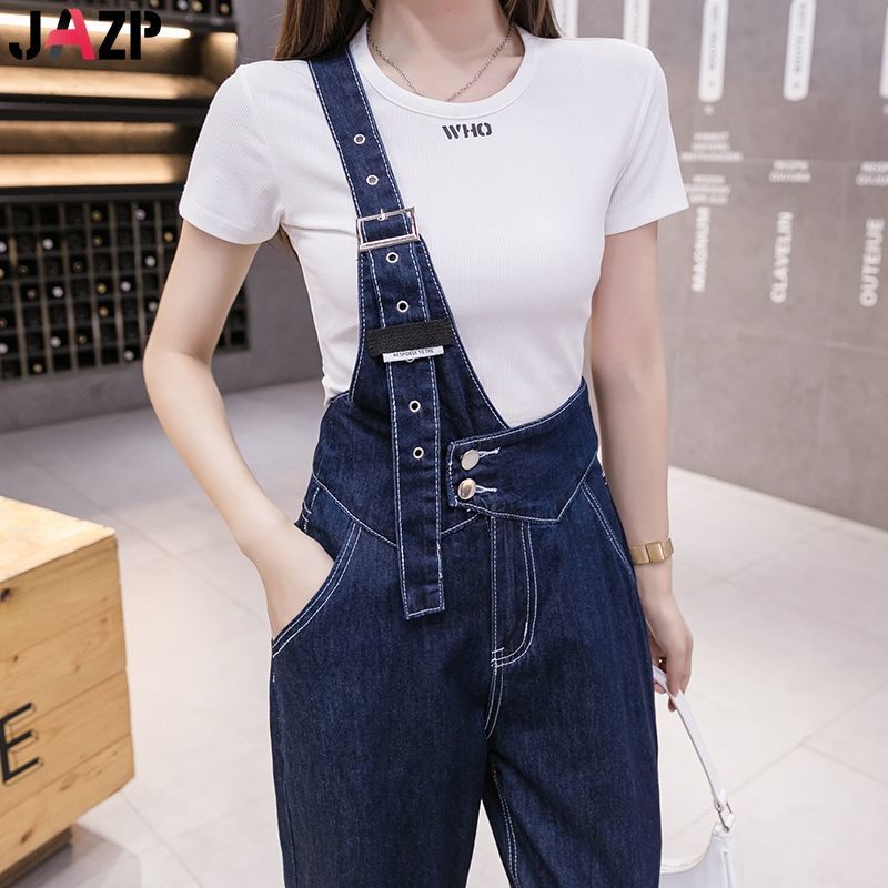 Jumpsuit Denim ống rộng phong cách Hong Kong thời trang mùa hè 2021 cho nữ