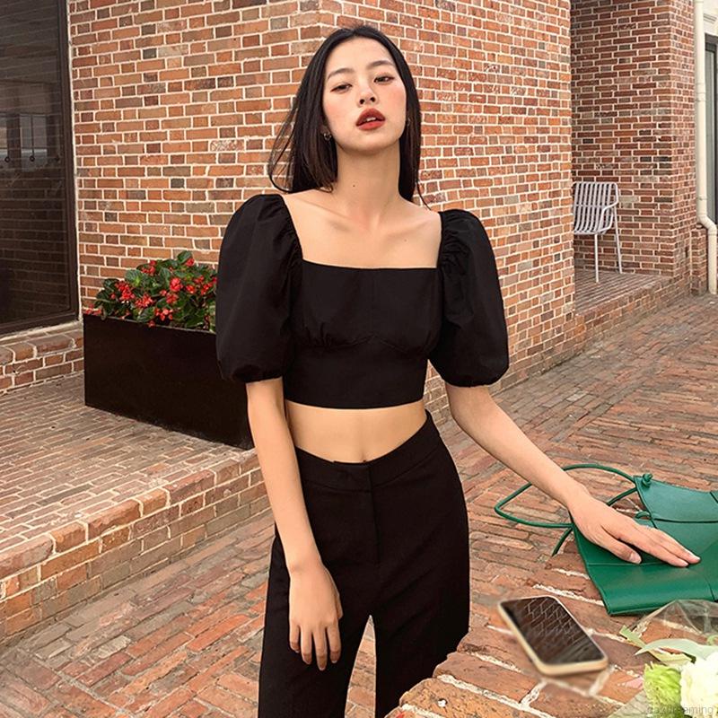 Áo croptop ngắn tay cổ vuông hở lưng màu sắc thanh lịch thời trang