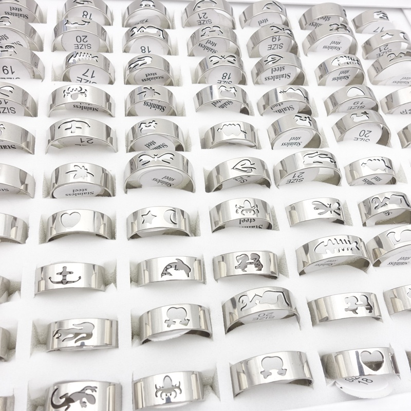 Set 20 Nhẫn Thép Không Gỉ Cắt Laser Phong Cách Hỗn Hợp Cho Nam Và Nữ Cincin Barang Kemas
