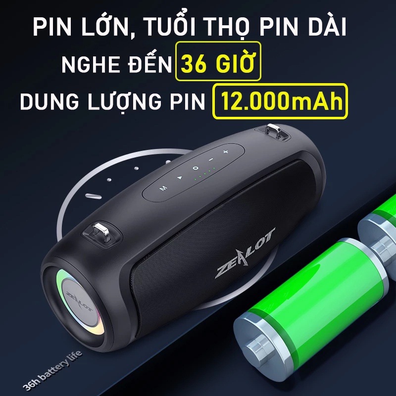 Loa bluetooth kèn Bass đôi cực mạnh hãng Zealot S37L hỗ trợ thẻ nhớ, USB - BH 12 tháng - 1 đổi 1