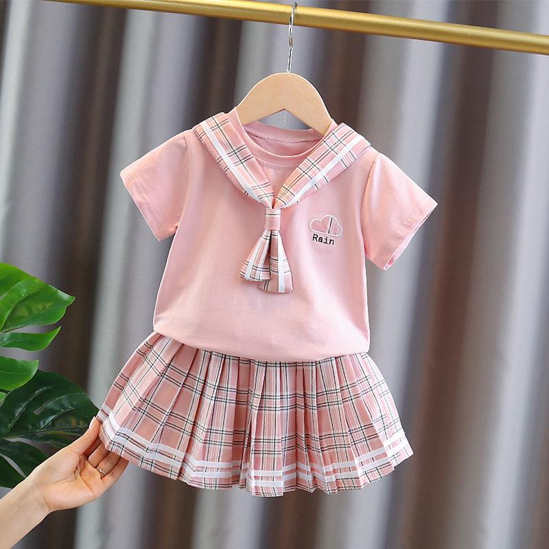 Set chân váy xếp ly và áo thun tay ngắn phong cách Hàn Quốc cho bé gái