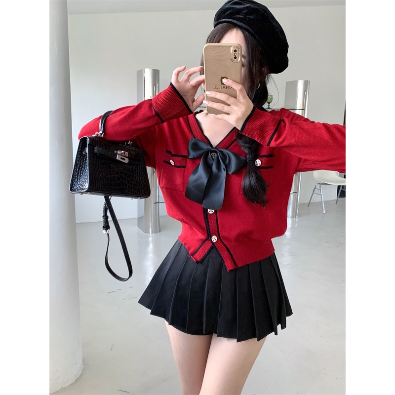 Áo cardigan len dệt kim thắt nơ màu đỏ thiết kế đáng yêu nữ tính