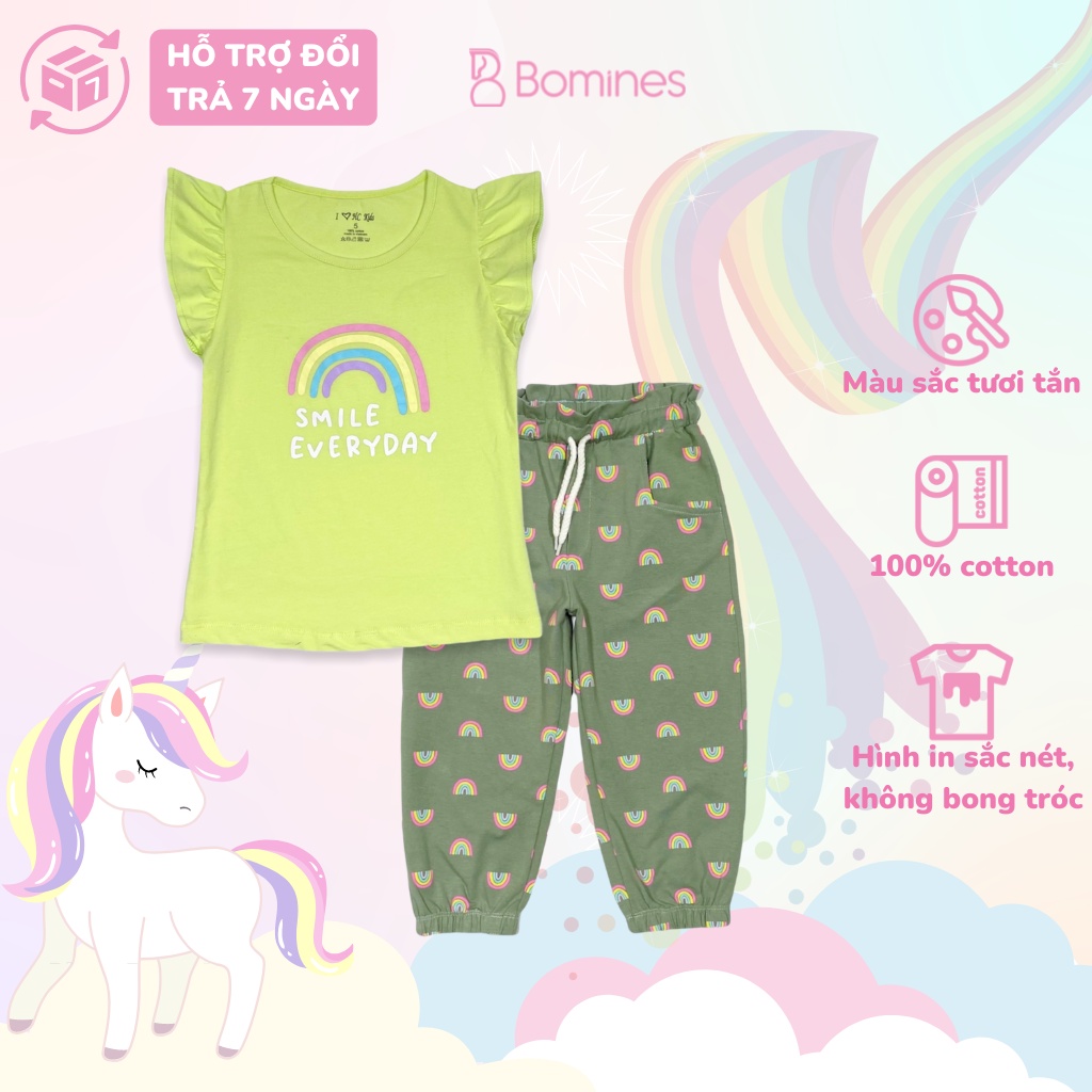 Đồ bộ bé gái BOMINES, tay áo cánh tiên, hoạt tiết cầu vòng xinh xắn 3- 10 tuổi, 13- 30kg DBLBGJOGGERCAUVONG