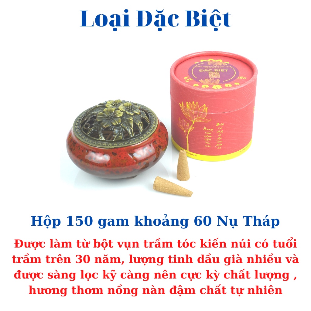 Combo Nụ Trầm Hương Khói Ngược Sạch Nguyên Chất Tự Nhiên Xưởng Mộc Việt + Lư Xông - Hộp 150G ( Tầm 60 Nụ Tháp )