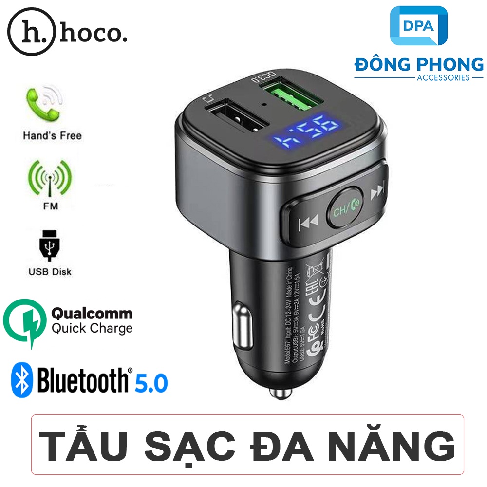 Tẩu Sạc Nhanh Xe Hơi Đa Năng Hoco E67 Chính Hãng ( Sạc Nhanh 18W, Bluetooth 5.0, USB, FM )