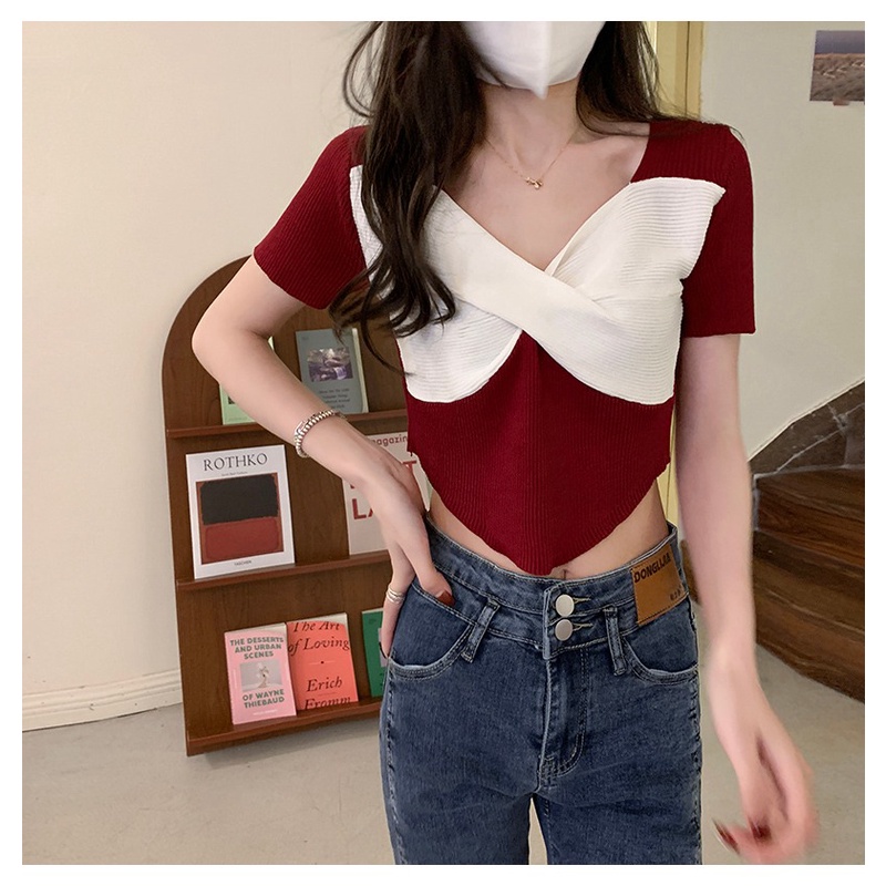 Áo dệt kim ZHELIHANGFEI tay ngắn cổ chữ V kiểu nơ dễ thương thời trang dành cho nữ