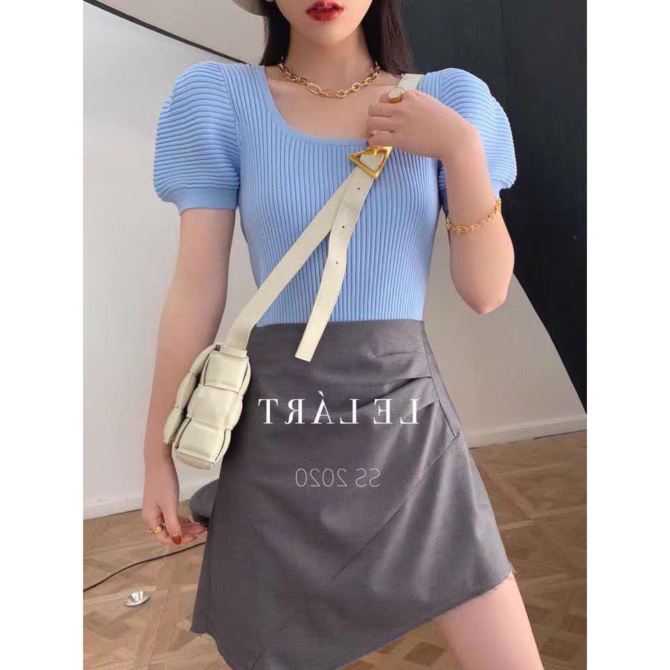 Áo croptop dệt kim cổ chữ U phối tay áo phồng thời trang cho nữ | BigBuy360 - bigbuy360.vn