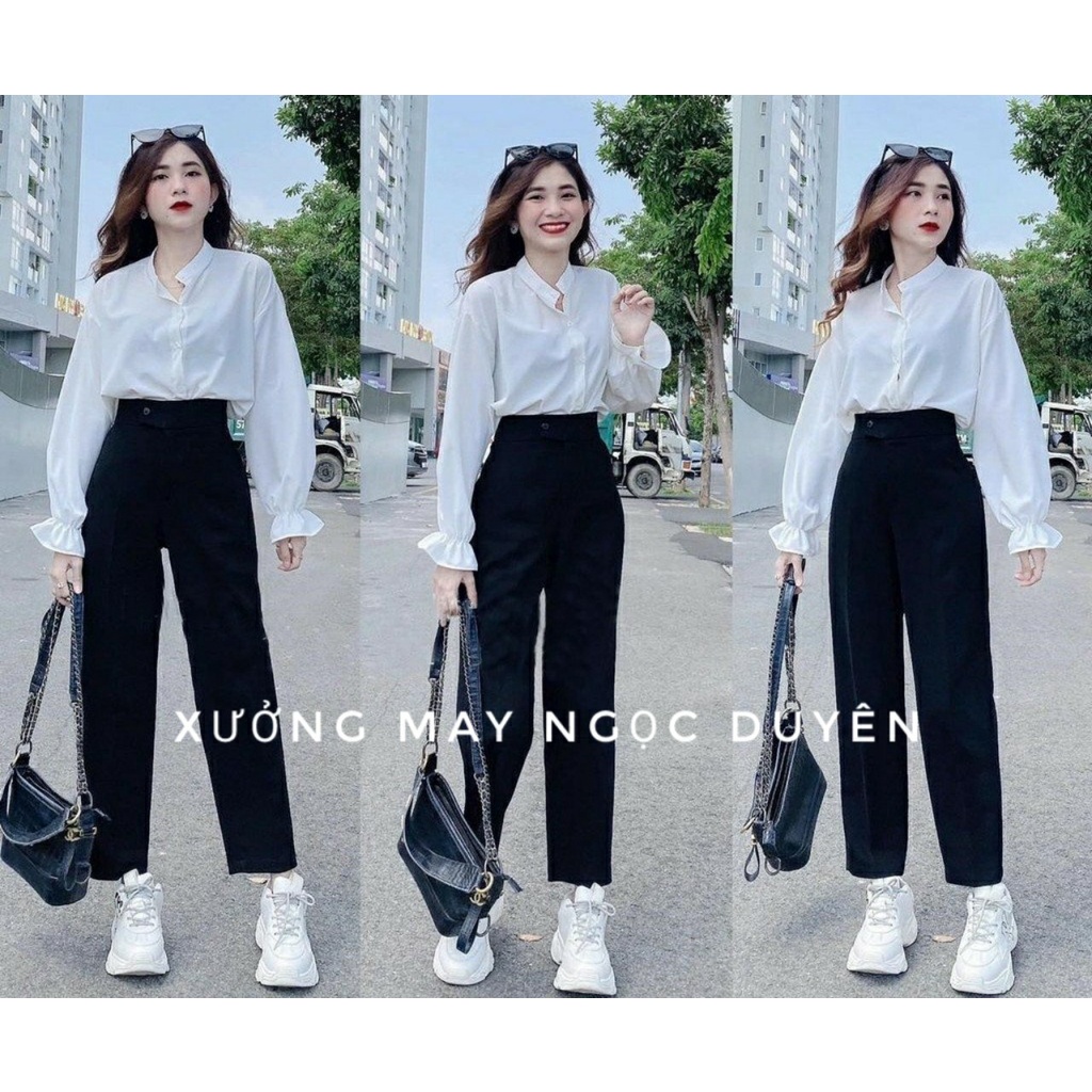 Quần baggy nữ đi học màu đen dáng rộng cạp lưng cao cúc lệch - Quần tây công sở dáng baggy vải tuyết mưa dày mềm đẹp