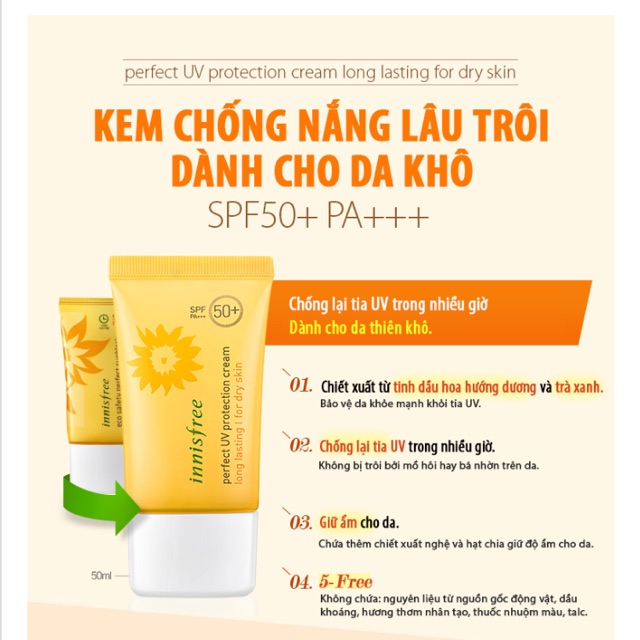 Kem chống nắng Innisfree Perfect UV Protection Cream Long Lasting For Dry Skin